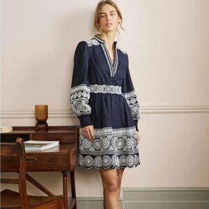 Boden Tamsin Embroidered Dress Navy and White